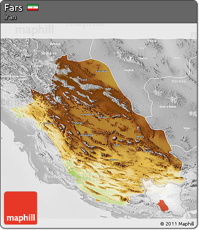 Physical 3D Map of Fars, lighten, desaturated