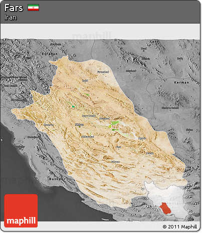 Satellite 3D Map of Fars, darken, desaturated