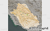 Satellite 3D Map of Fars, darken, semi-desaturated