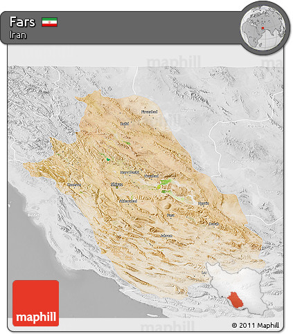 Satellite 3D Map of Fars, lighten, desaturated