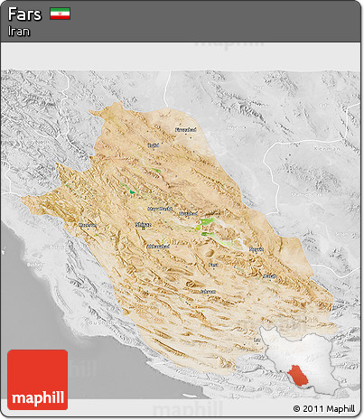 Satellite 3D Map of Fars, lighten, desaturated