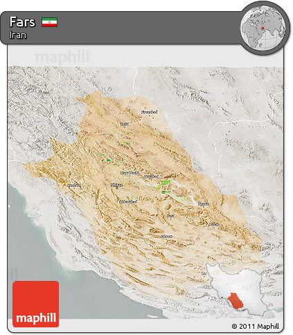 Satellite 3D Map of Fars, lighten, semi-desaturated