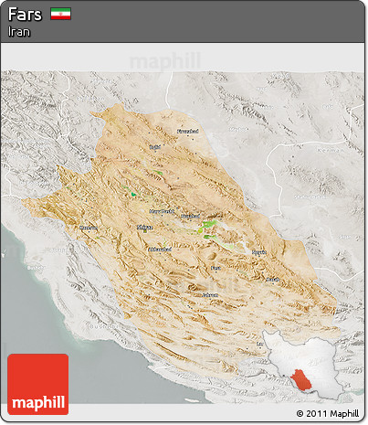 Satellite 3D Map of Fars, lighten, semi-desaturated
