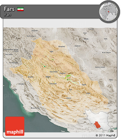 Satellite 3D Map of Fars, semi-desaturated
