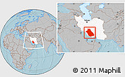 Gray Location Map of Fars, highlighted country, within the entire country, hill shading