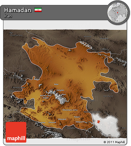 Physical 3D Map of Hamadan, darken, semi-desaturated