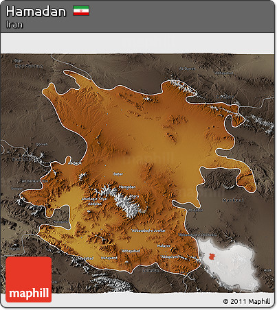 Physical 3D Map of Hamadan, darken, semi-desaturated