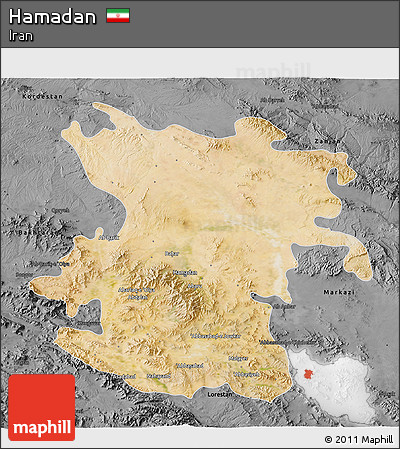 Satellite 3D Map of Hamadan, darken, desaturated