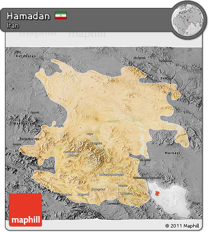Satellite 3D Map of Hamadan, darken, desaturated