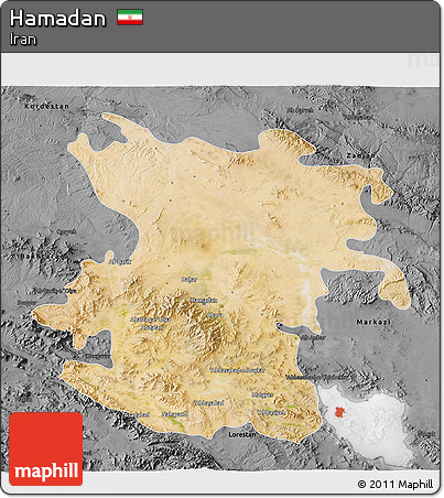 Satellite 3D Map of Hamadan, darken, desaturated