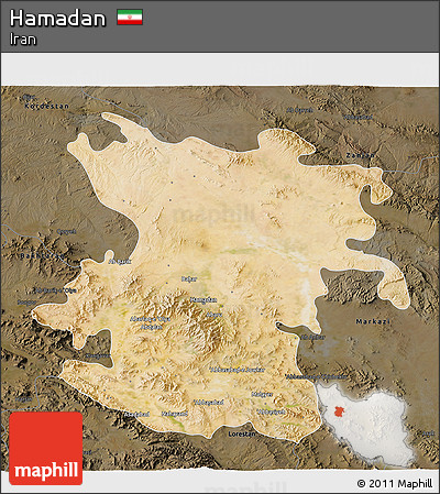 Satellite 3D Map of Hamadan, darken