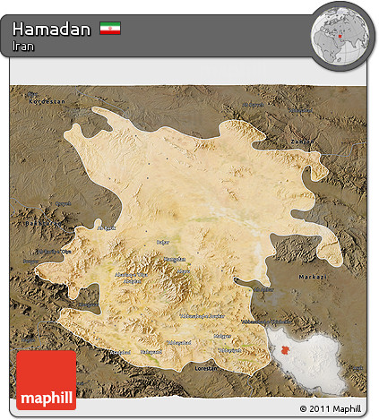 Satellite 3D Map of Hamadan, darken