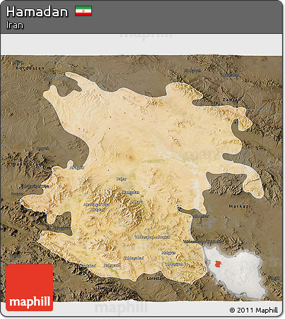 Satellite 3D Map of Hamadan, darken