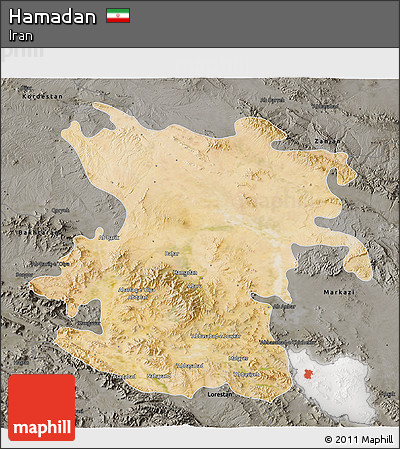Satellite 3D Map of Hamadan, darken, semi-desaturated