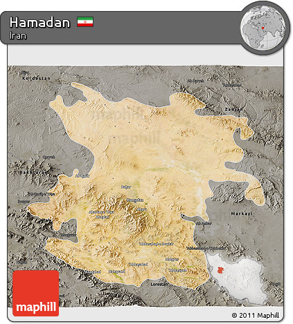 Satellite 3D Map of Hamadan, darken, semi-desaturated