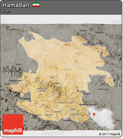 Satellite 3D Map of Hamadan, darken, semi-desaturated