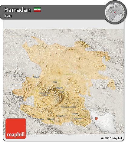 Satellite 3D Map of Hamadan, lighten, semi-desaturated