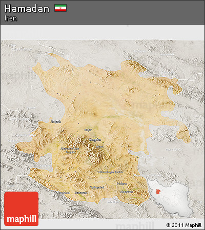 Satellite 3D Map of Hamadan, lighten, semi-desaturated