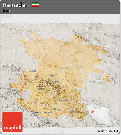 Satellite 3D Map of Hamadan, lighten, semi-desaturated