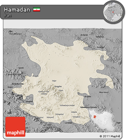 Shaded Relief 3D Map of Hamadan, darken, desaturated
