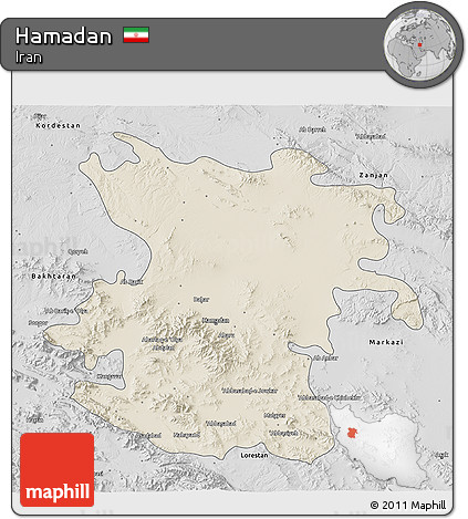 Shaded Relief 3D Map of Hamadan, desaturated