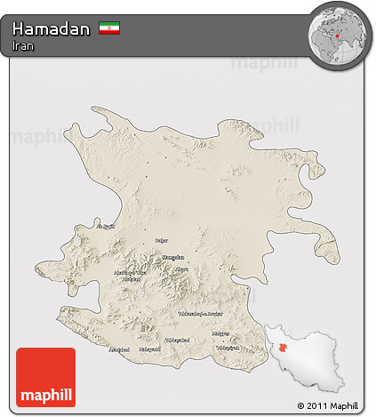 Shaded Relief 3D Map of Hamadan, single color outside