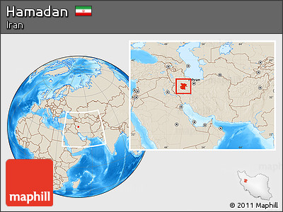 Shaded Relief Location Map of Hamadan, within the entire country