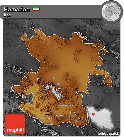 Physical Map of Hamadan, darken, desaturated