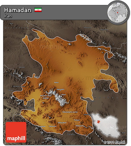 Physical Map of Hamadan, darken, semi-desaturated