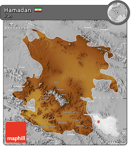 Physical Map of Hamadan, lighten, desaturated