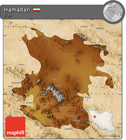 Physical Map of Hamadan, satellite outside