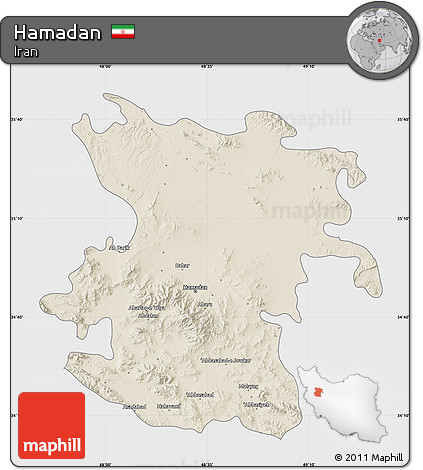 Shaded Relief Map of Hamadan, single color outside