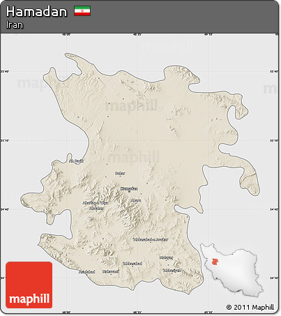Shaded Relief Map of Hamadan, single color outside