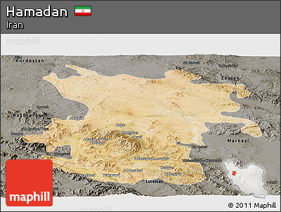 Satellite Panoramic Map of Hamadan, darken, semi-desaturated
