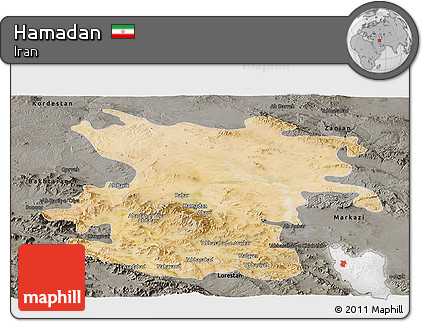 Satellite Panoramic Map of Hamadan, darken, semi-desaturated