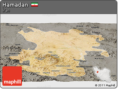 Satellite Panoramic Map of Hamadan, darken, semi-desaturated
