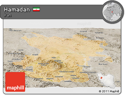 Satellite Panoramic Map of Hamadan, semi-desaturated
