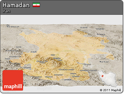 Satellite Panoramic Map of Hamadan, semi-desaturated