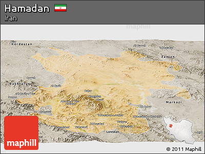 Satellite Panoramic Map of Hamadan, semi-desaturated