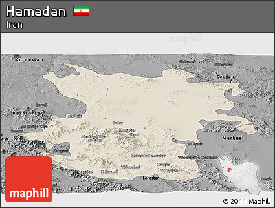 Shaded Relief Panoramic Map of Hamadan, darken, desaturated