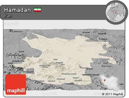Shaded Relief Panoramic Map of Hamadan, darken, desaturated