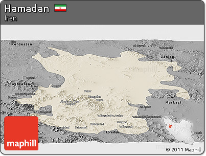 Shaded Relief Panoramic Map of Hamadan, darken, desaturated