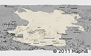 Shaded Relief Panoramic Map of Hamadan, darken, desaturated