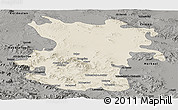 Shaded Relief Panoramic Map of Hamadan, darken, semi-desaturated