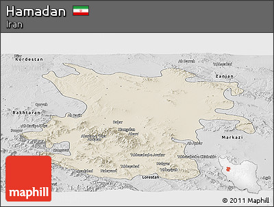 Shaded Relief Panoramic Map of Hamadan, desaturated