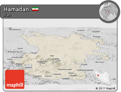 Shaded Relief Panoramic Map of Hamadan, desaturated