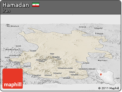Shaded Relief Panoramic Map of Hamadan, desaturated