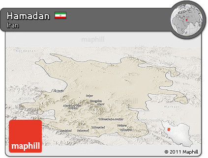 Shaded Relief Panoramic Map of Hamadan, lighten
