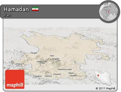Shaded Relief Panoramic Map of Hamadan, lighten, semi-desaturated