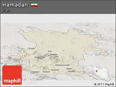 Shaded Relief Panoramic Map of Hamadan, lighten, semi-desaturated